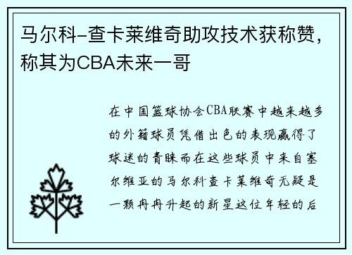 马尔科-查卡莱维奇助攻技术获称赞，称其为CBA未来一哥