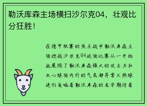 勒沃库森主场横扫沙尔克04，壮观比分狂胜！