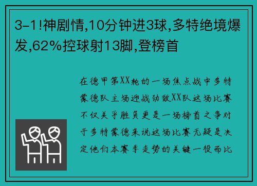 3-1!神剧情,10分钟进3球,多特绝境爆发,62%控球射13脚,登榜首